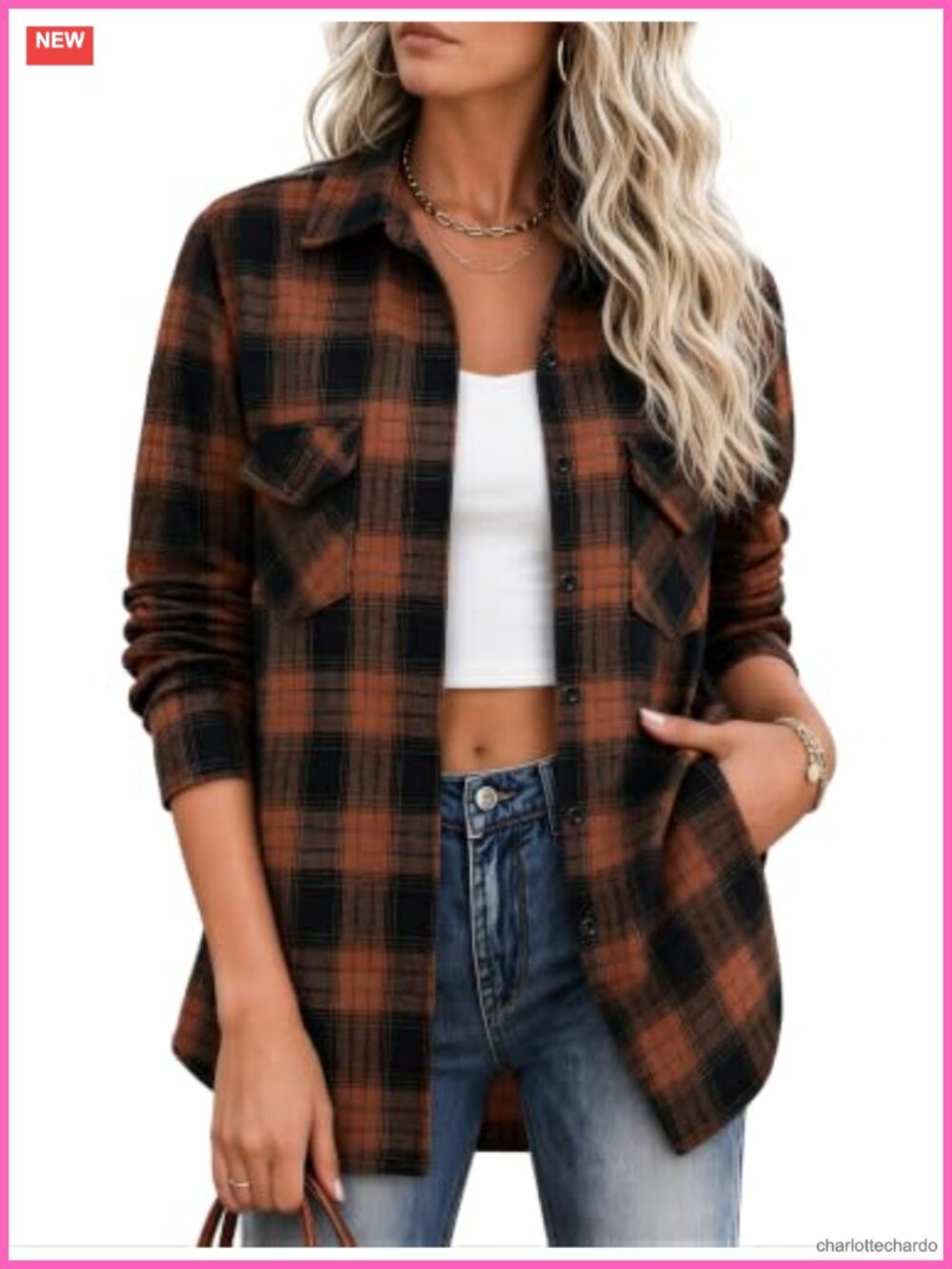 Women's Flannel Button Down Shirt Plaid Long Sleeve Lightweight Shacket Fall Top